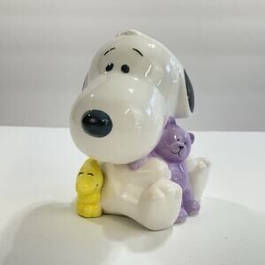 Snoopy Ceramic Bank With Woodstock And Purple Bear 5.25"